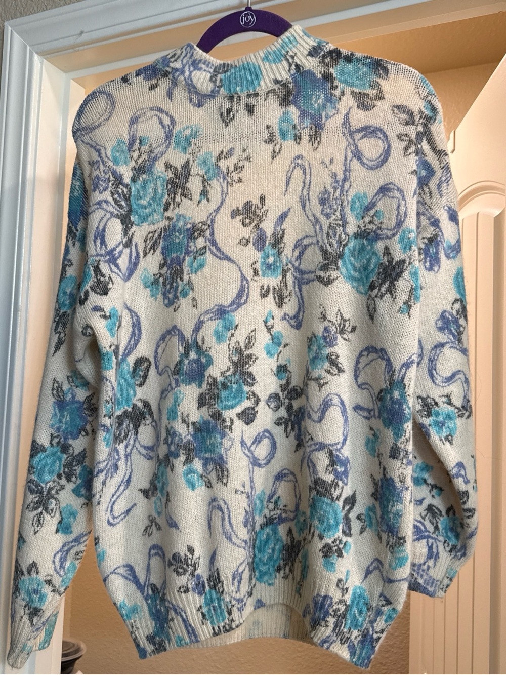 Cream Floral Angora/Silk Crew neckSweater with Blue Print